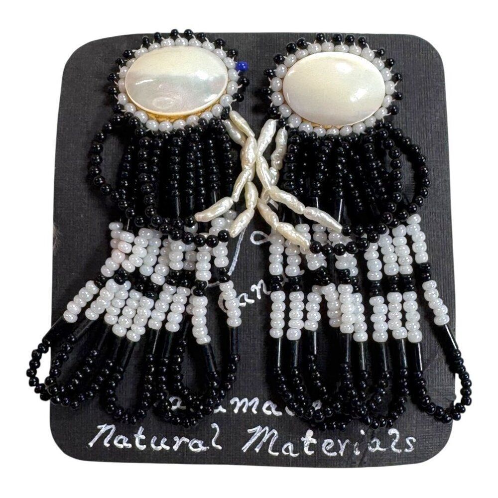 Vintage Mother of Pearl Cabochon Handmade Black & White Beaded Dangle Earrings